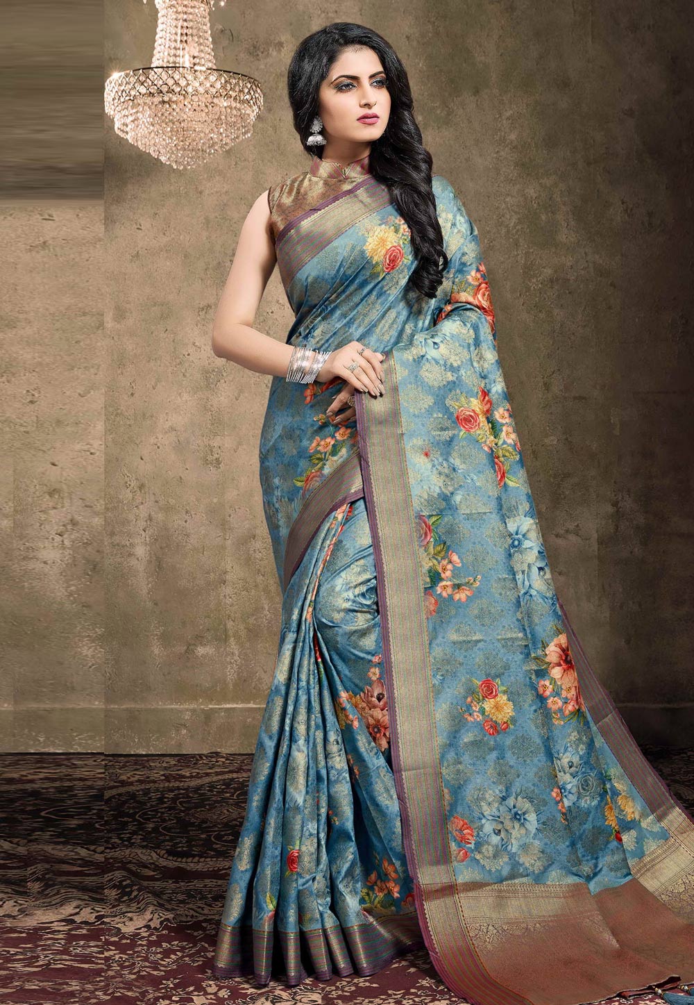 Light Blue Georgette Jacquard Printed Saree With Blouse 208151
