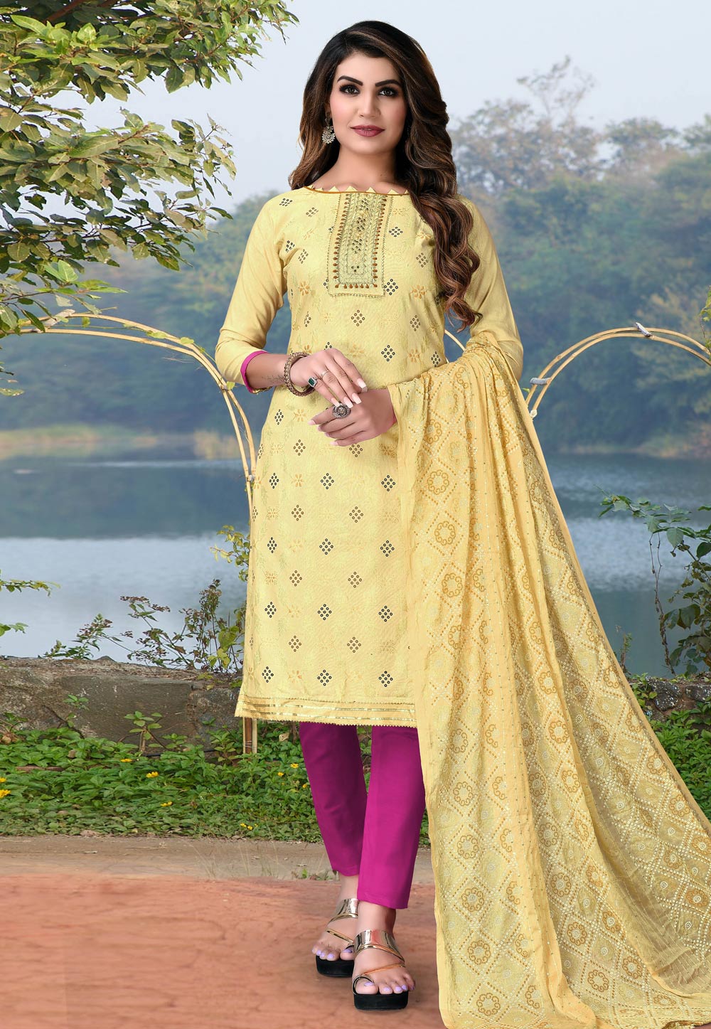 Yellow Cotton Pant Style Suit 246927