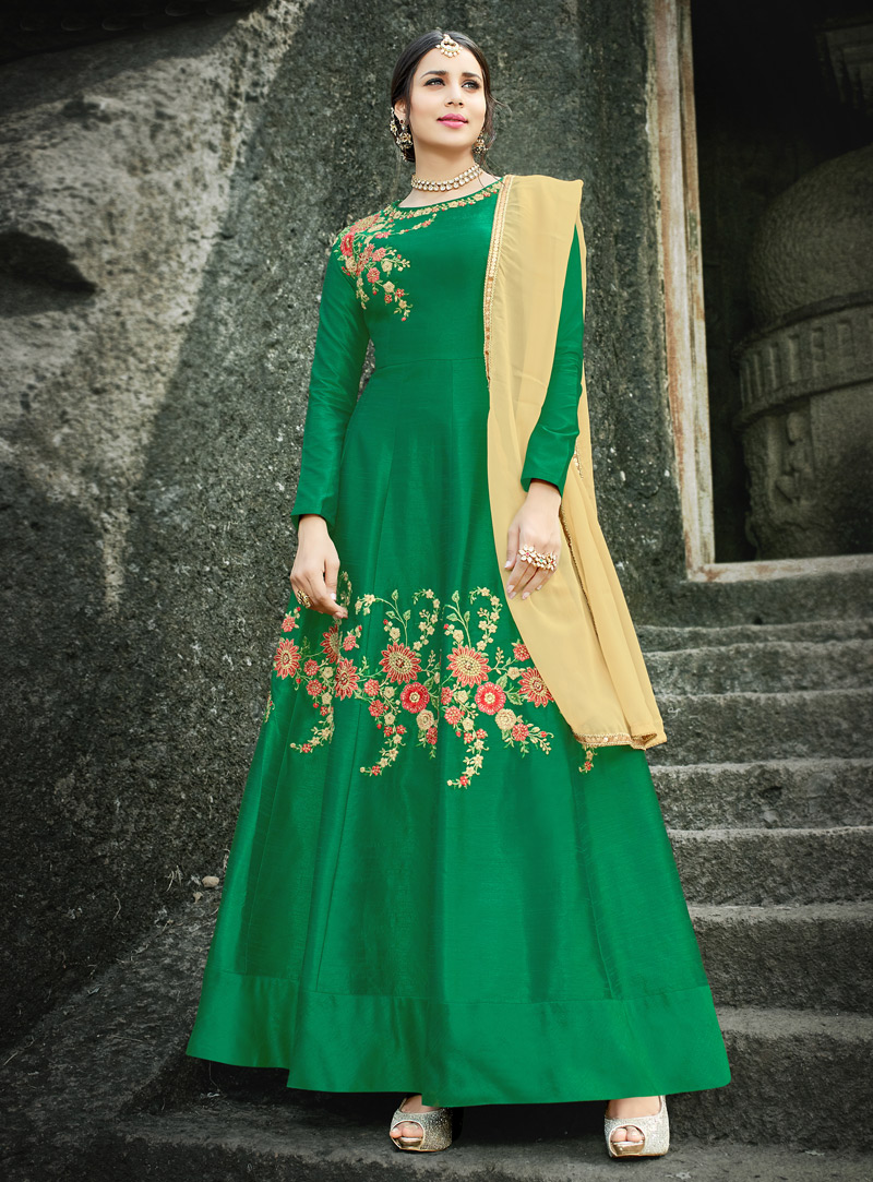 Green Silk Ankle Length Anarkali Suit 113782