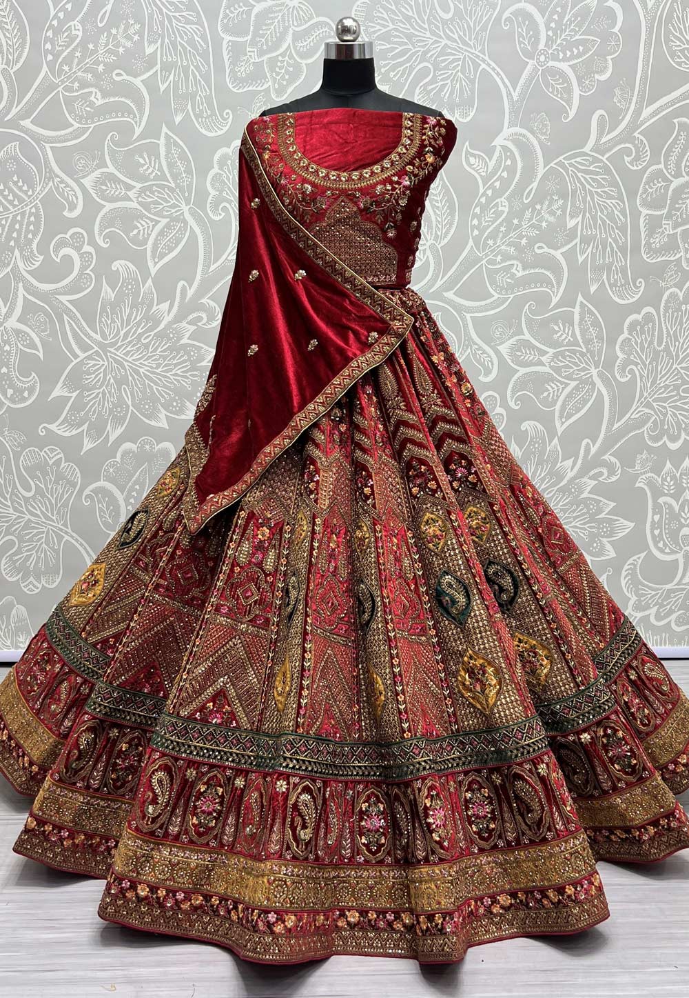 Maroon Velvet Bridal Lehenga Choli 266886