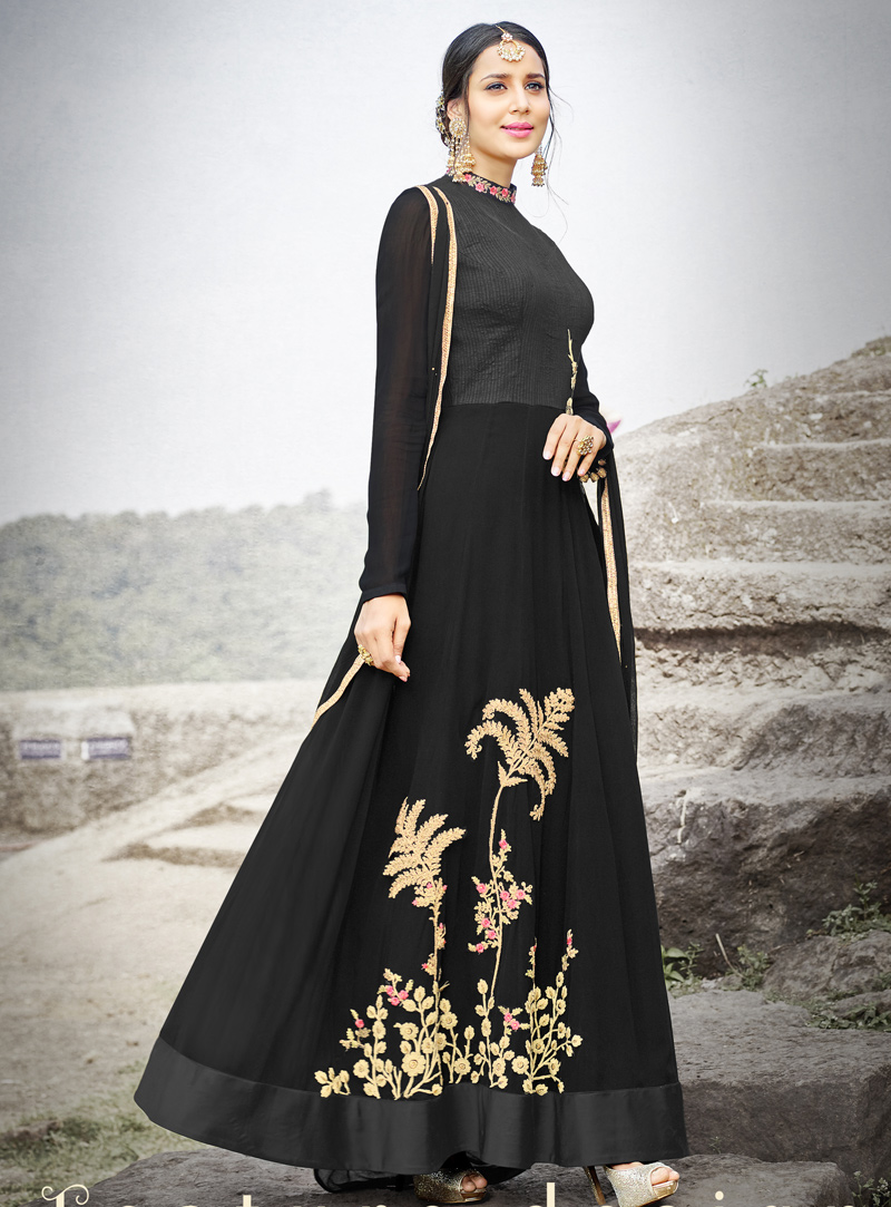 Black Silk Ankle Length Anarkali Suit 113785