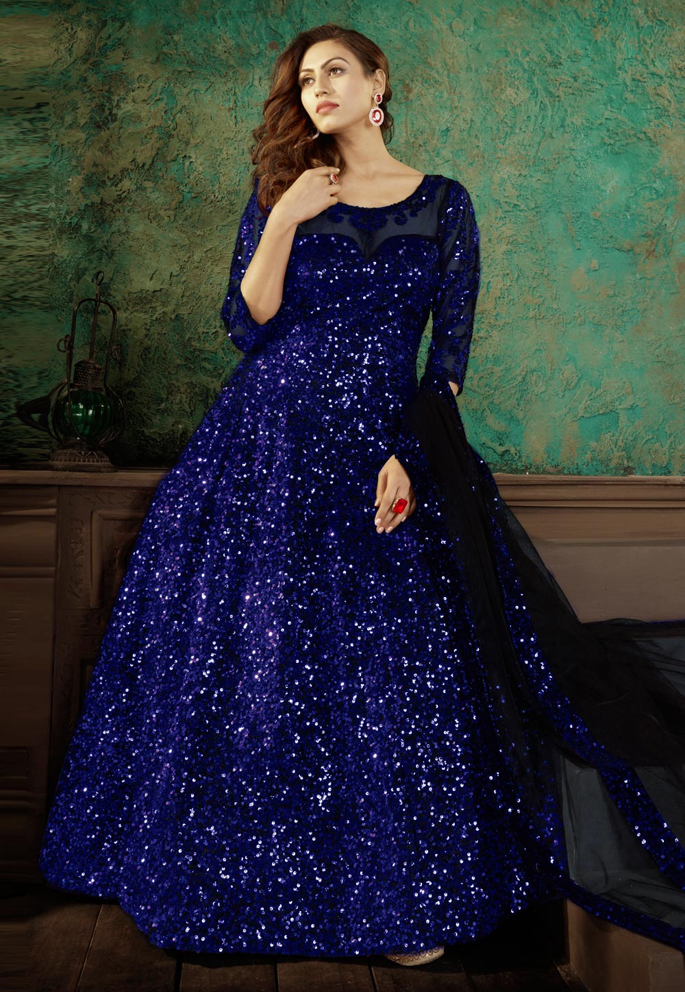 Blue Net Abaya Style Anarkali Suit 241232