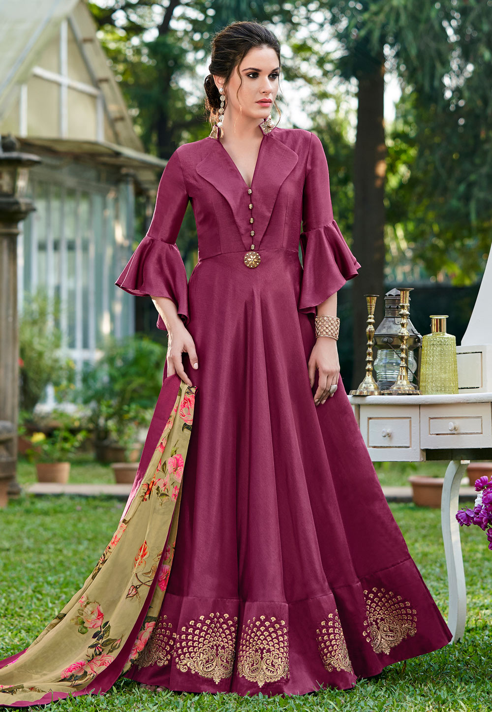 Purple Cotton Gown With Frill Sleeve 162681