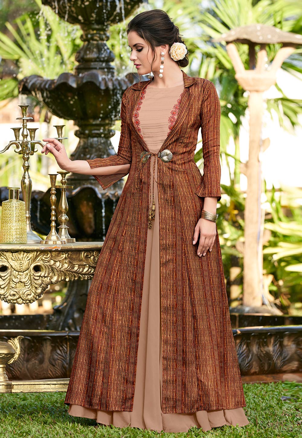 Brown Linen Gown With Jacket 162682