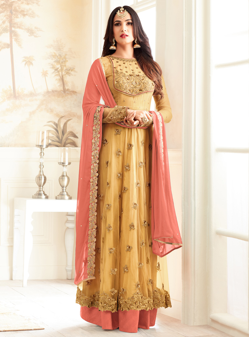Sonal Chauhan Yellow Net Long Anarkali Suit 97822
