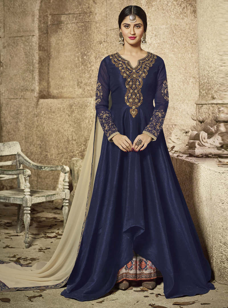 Krystle Dsouza Navy Blue Silk Palazzo Style Salwar Suit 109017