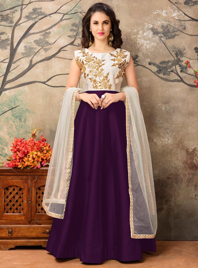Purple Taffeta Silk Long Anarkali Suit 90082