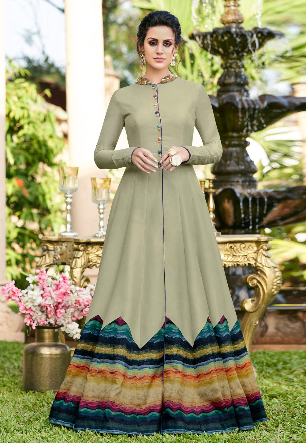 Olive Green Tussar Silk Gown 162684