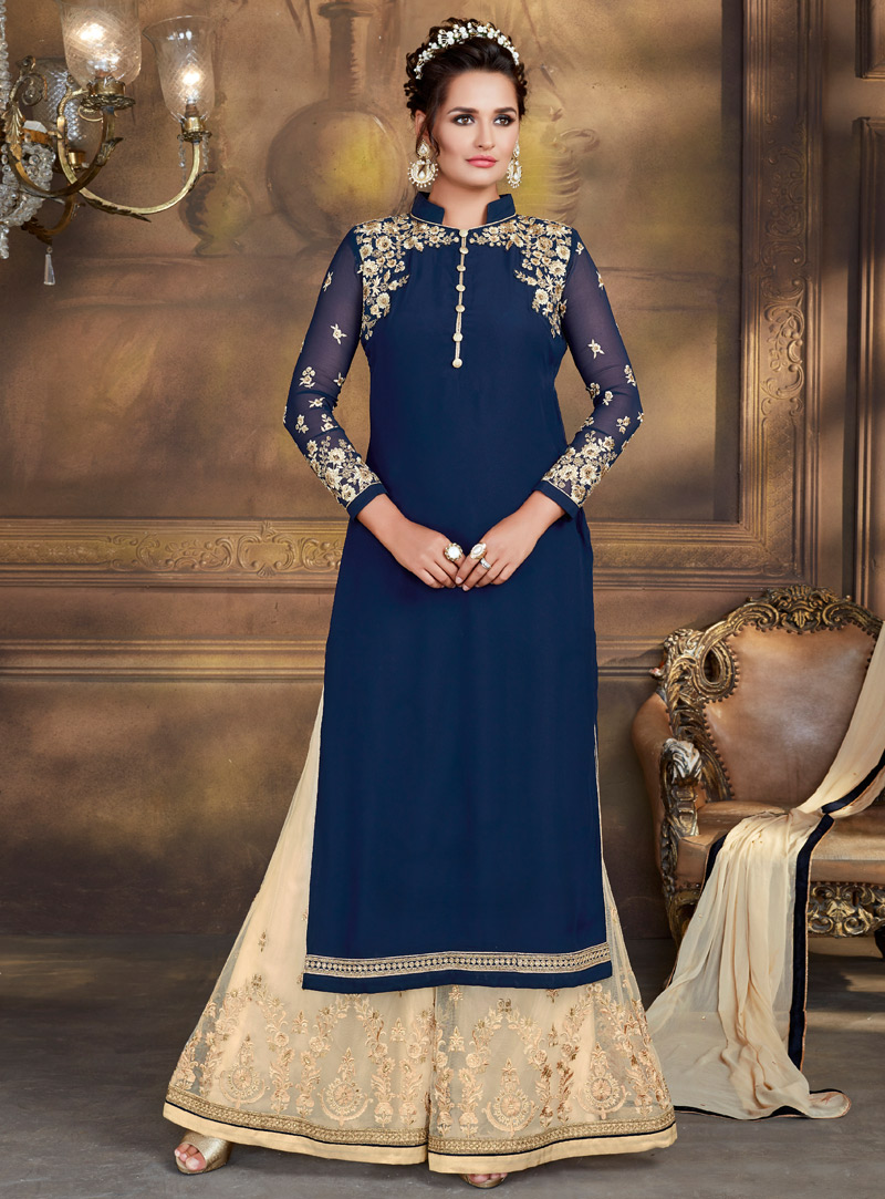 Navy Blue Georgette Palazzo Style Salwar Suit 106345