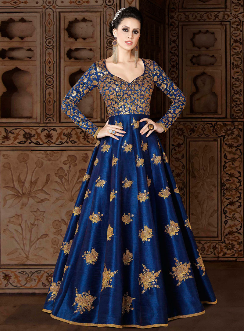 Royal Blue Silk Long Anarkali Suit 116581