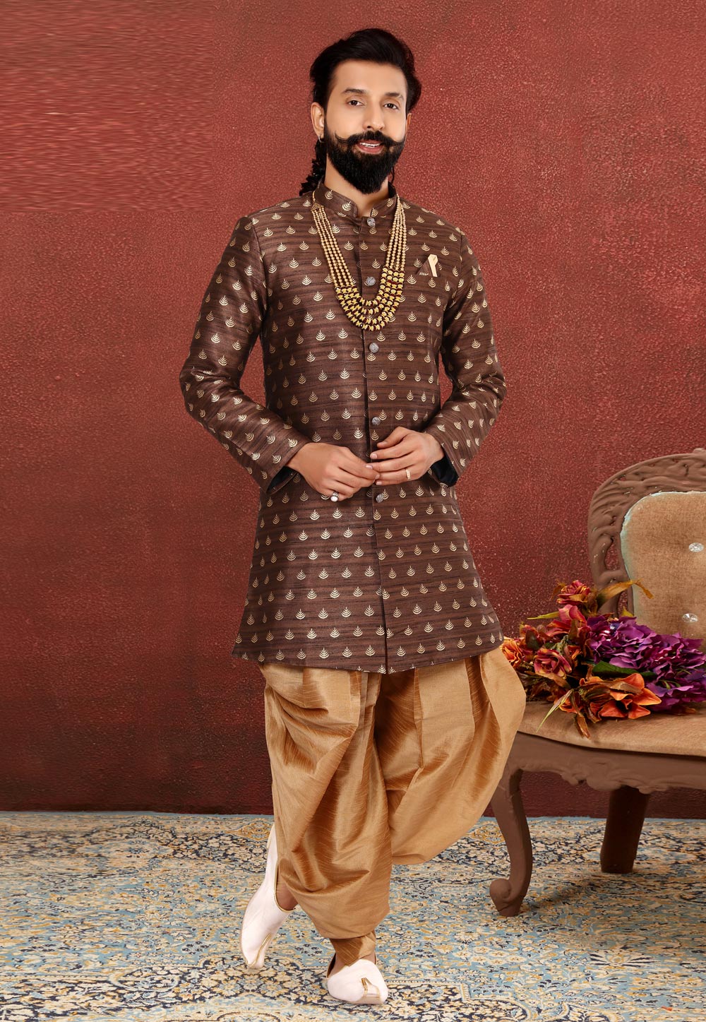 Brown Jacquard Silk Indo Western Suit 238835