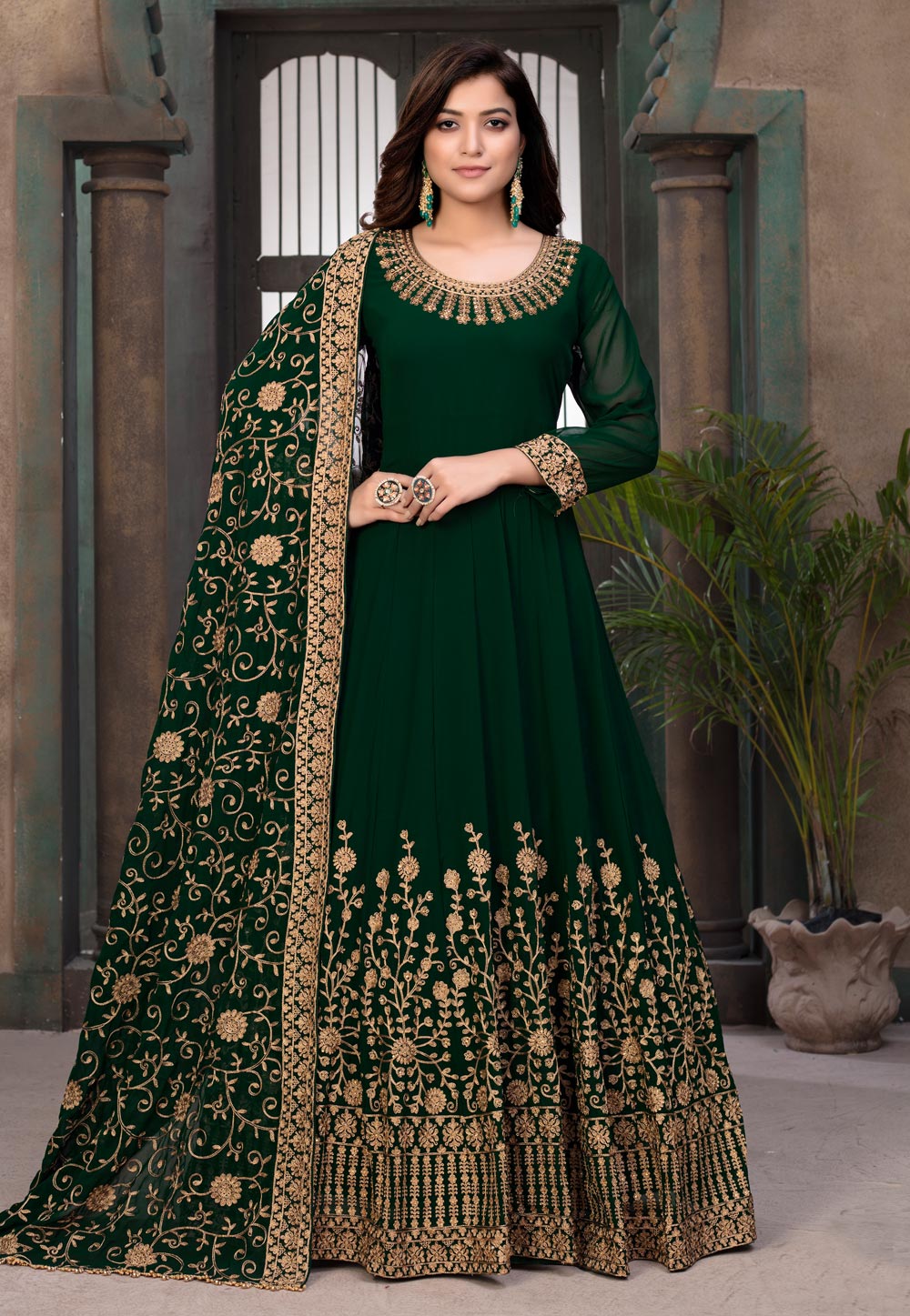 Green Faux Georgette Abaya Style Anarkali Suit 227784