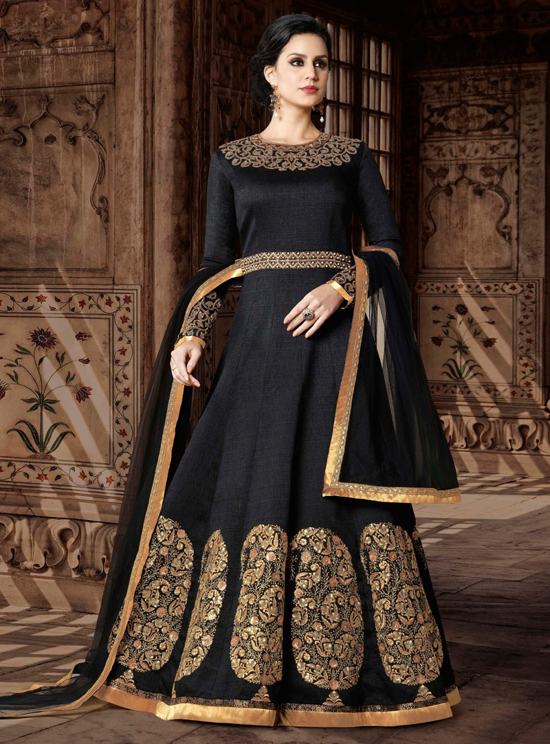 Black Silk Floor Length Anarkali Suit 116584
