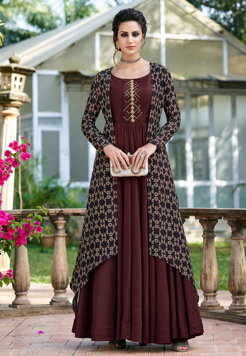 Wine Tussar Silk Gown With Printed Jacket 162690