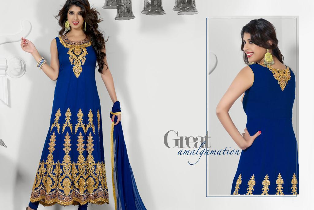 Blue Faux Georgette A Line Embroidered Anarkali Suit 27243