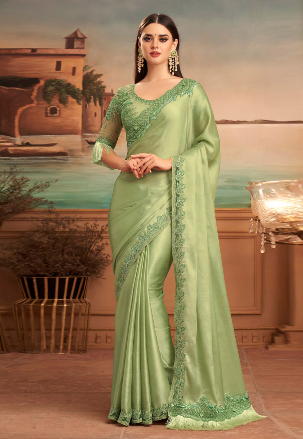 Light Green Silk Party Wear Saree 219376