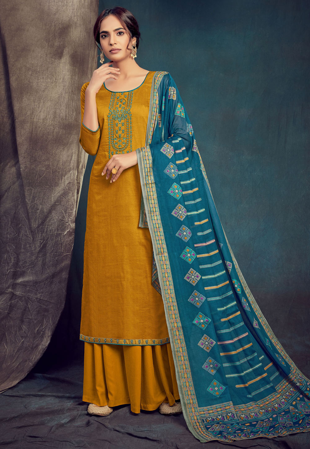 Mustard Cotton Kameez With Palazzo 207122