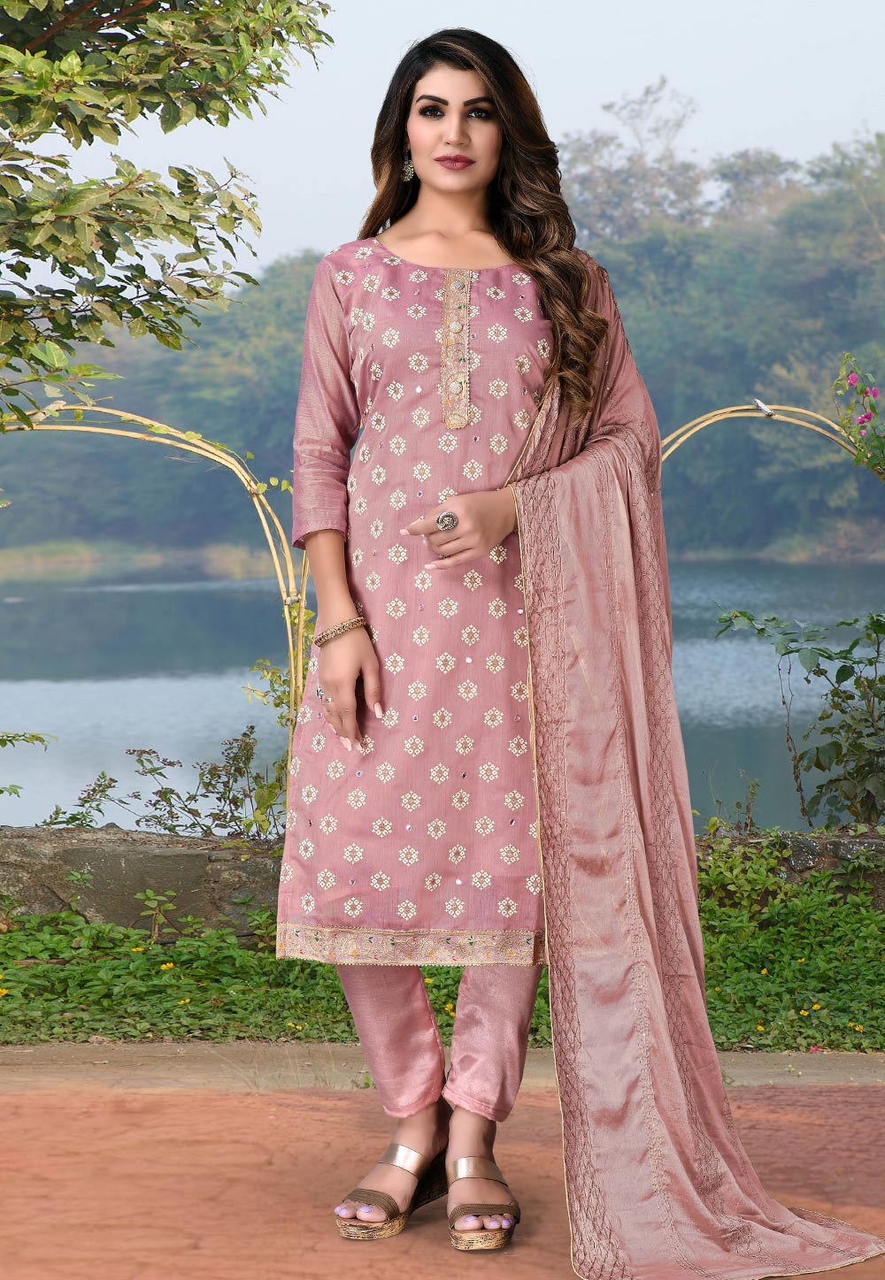 Pink Chanderi Cotton Kameez With Pant 246928