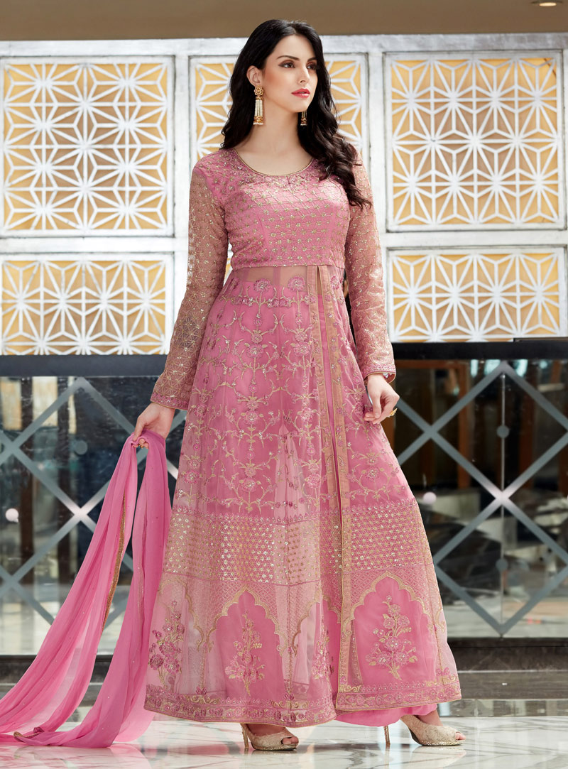 Pink Net Palazzo Style Suit 146194