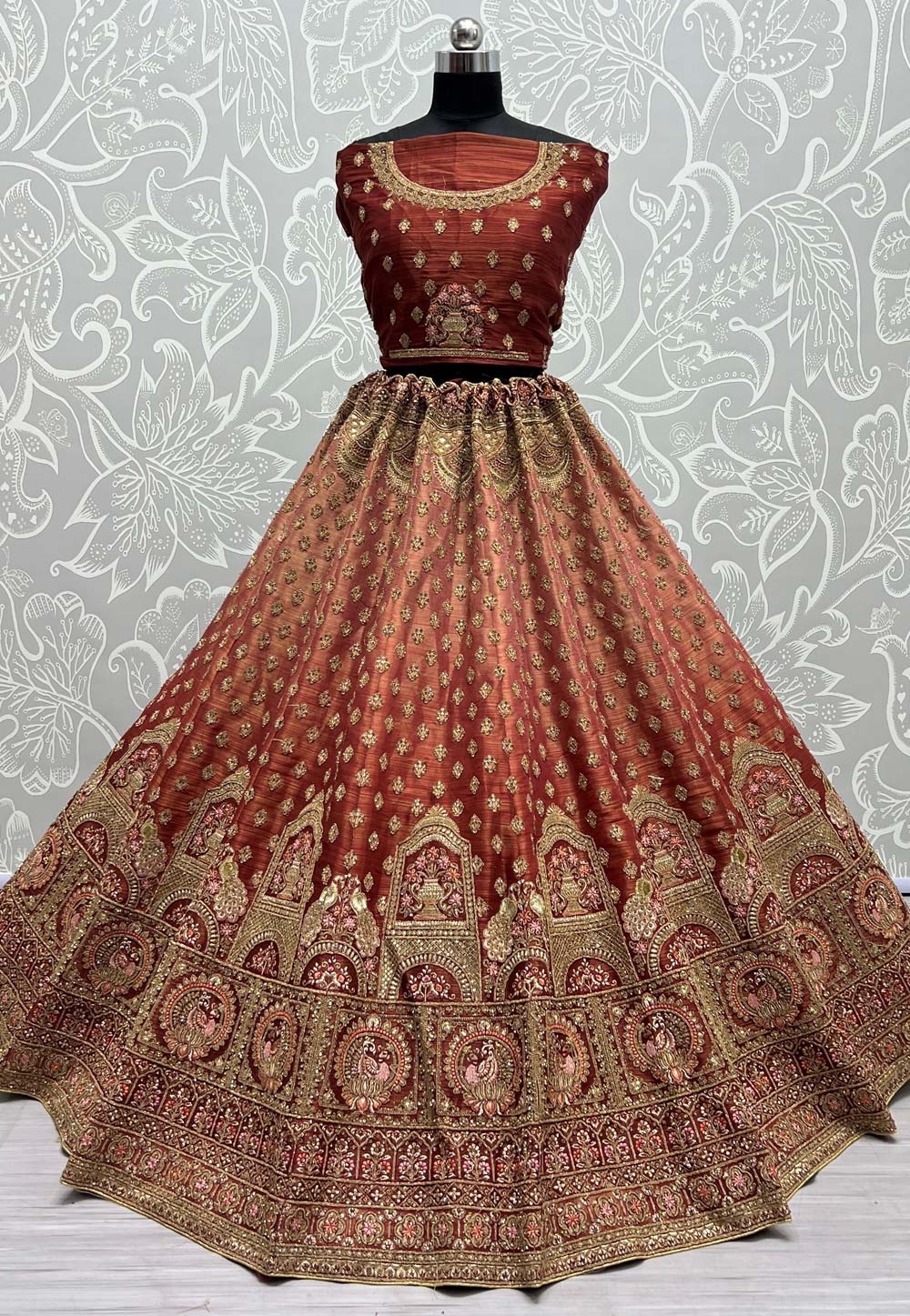 Buy Dark Wine Red Sequins Embroidered Silk Sangeet Lehenga Online | Samyakk