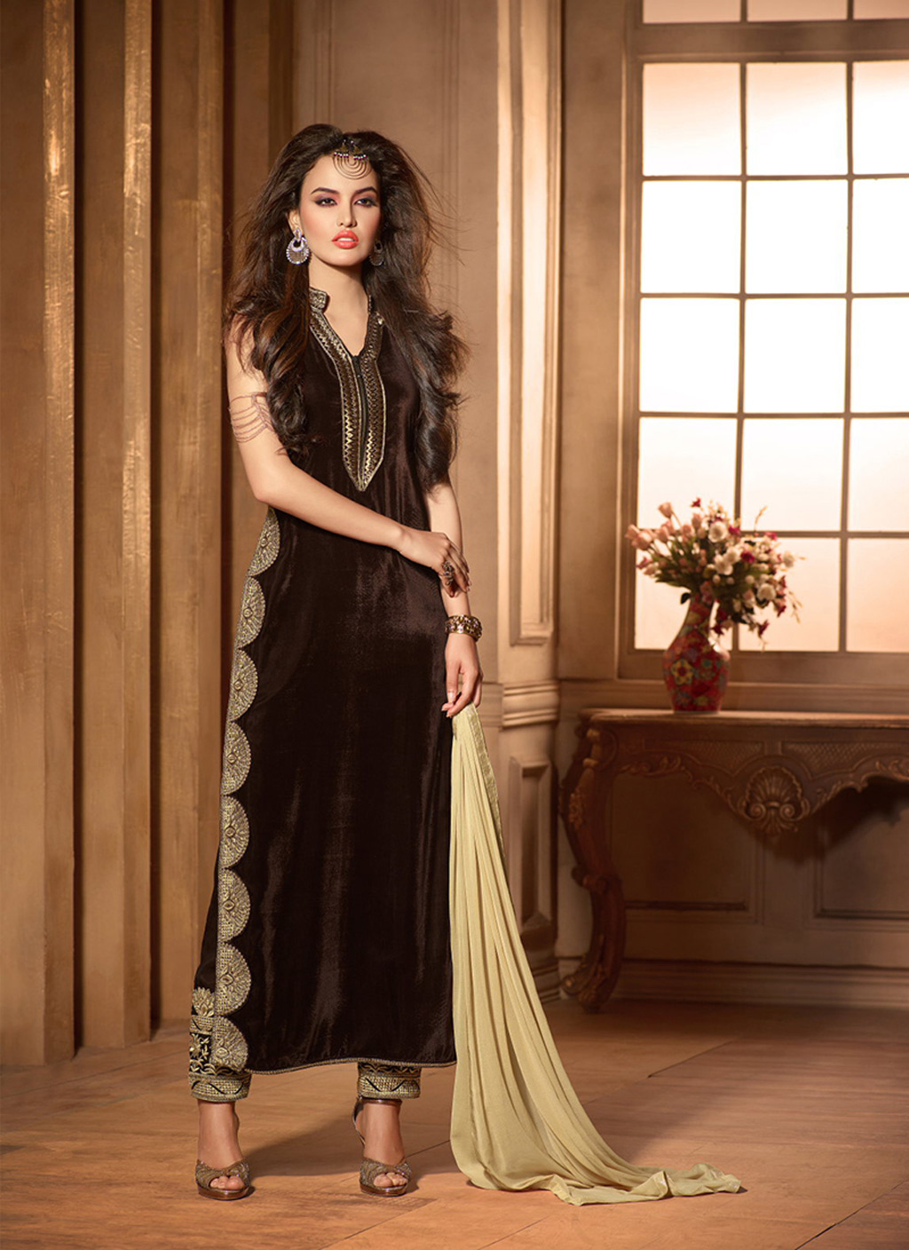 Brown Velvet Pakistani Style Suit 61624