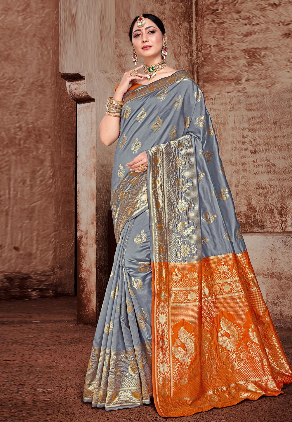 Grey Banarasi Silk Festival Wear Saree 206894