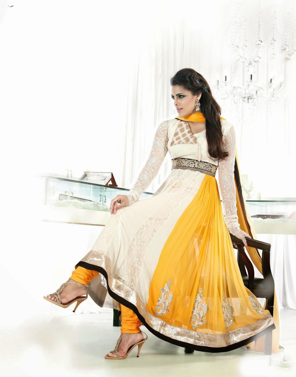 White and Yellow Embroidery Faux Georgette Anarkali Suit 27391