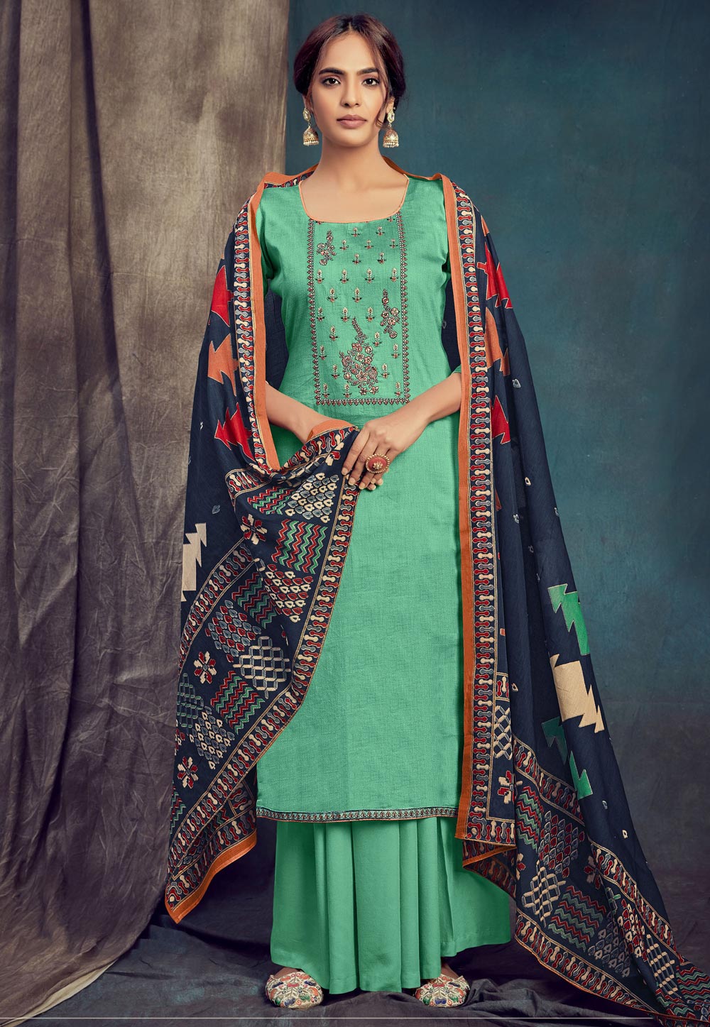 Green Cotton Palazzo Suit 207125