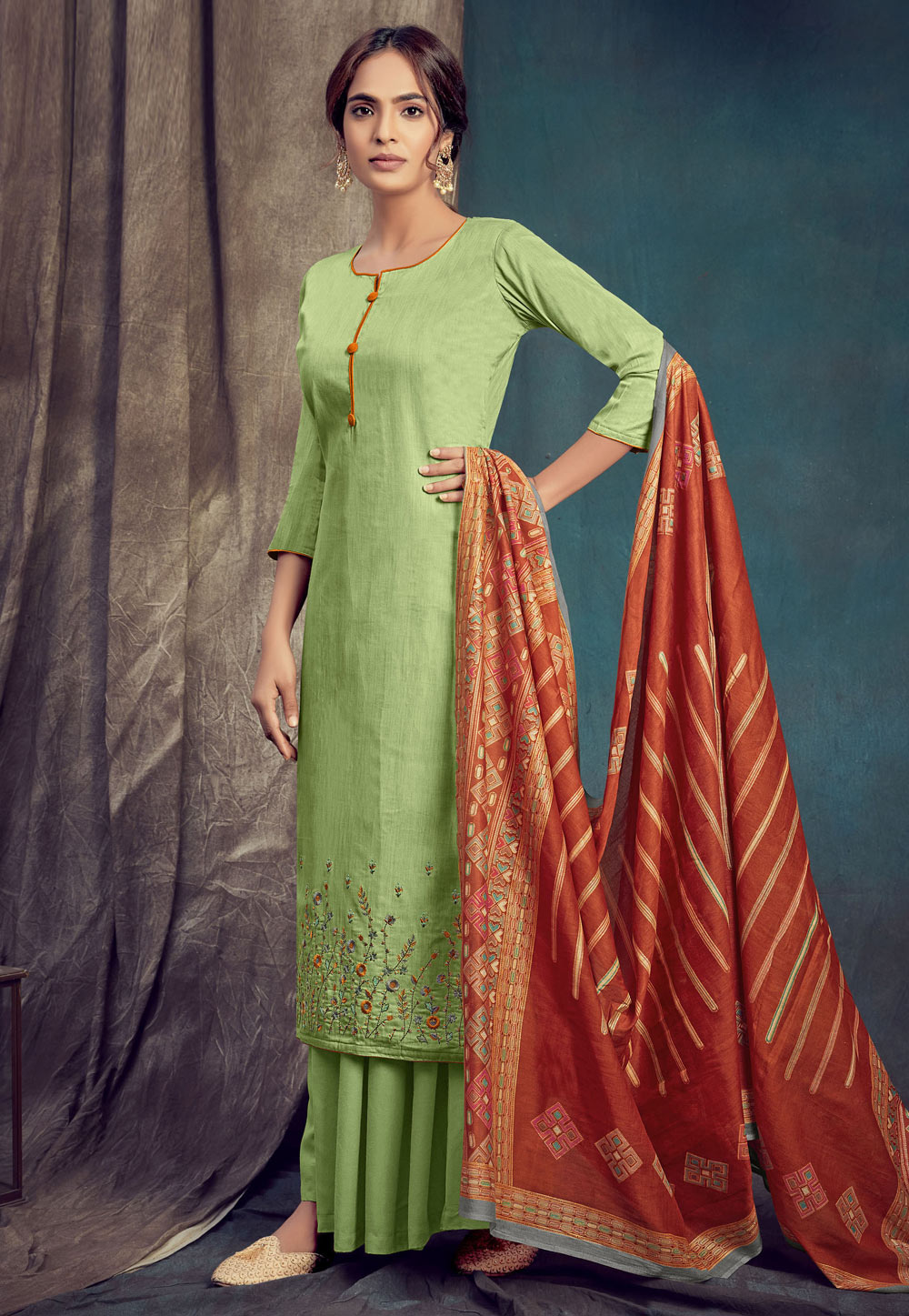 Light Green Cotton Kameez With Palazzo 207126