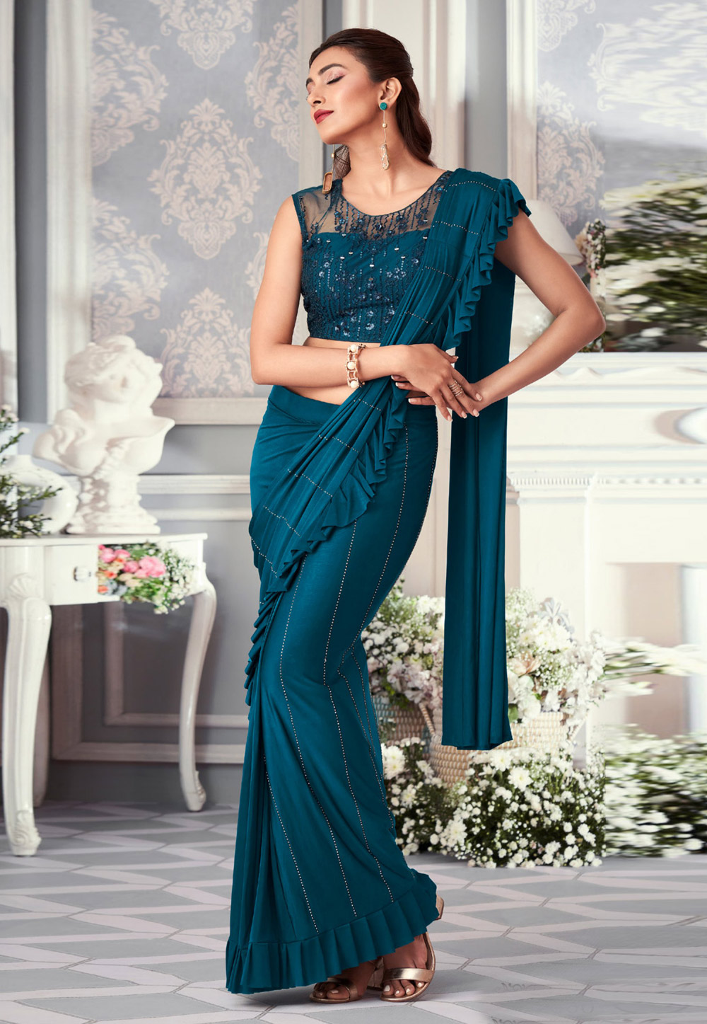 Teal Lycra Ruffle Border Saree With Blouse 274140