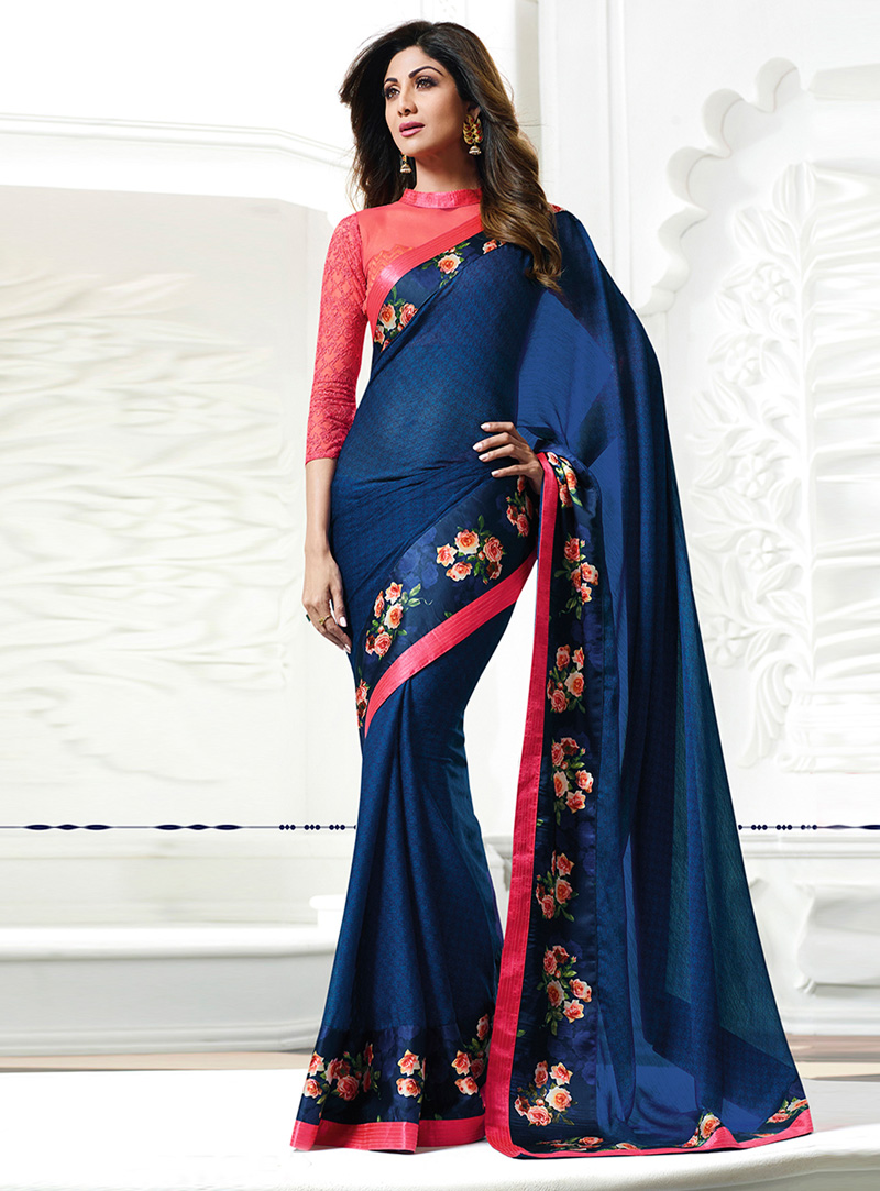 Shilpa Shetty Blue Satin Festival Wear Saree 133861