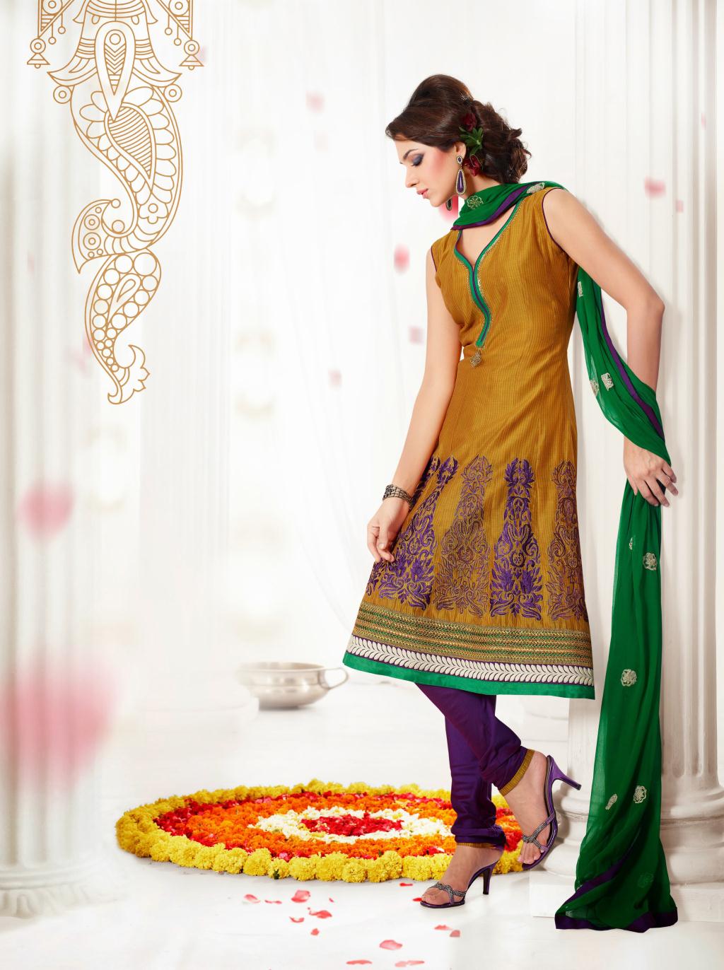 Yellow A Line Resham Work Cotton Anarkali Salwar Suit 27415