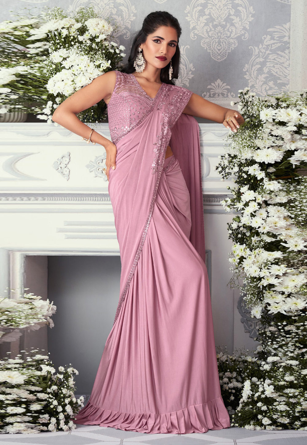 Pink Lycra Designer Saree 274142