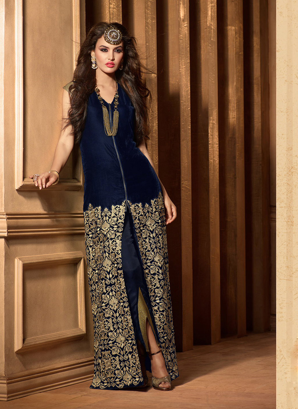 Navy Blue Velvet Pakistani Style Suit 61625