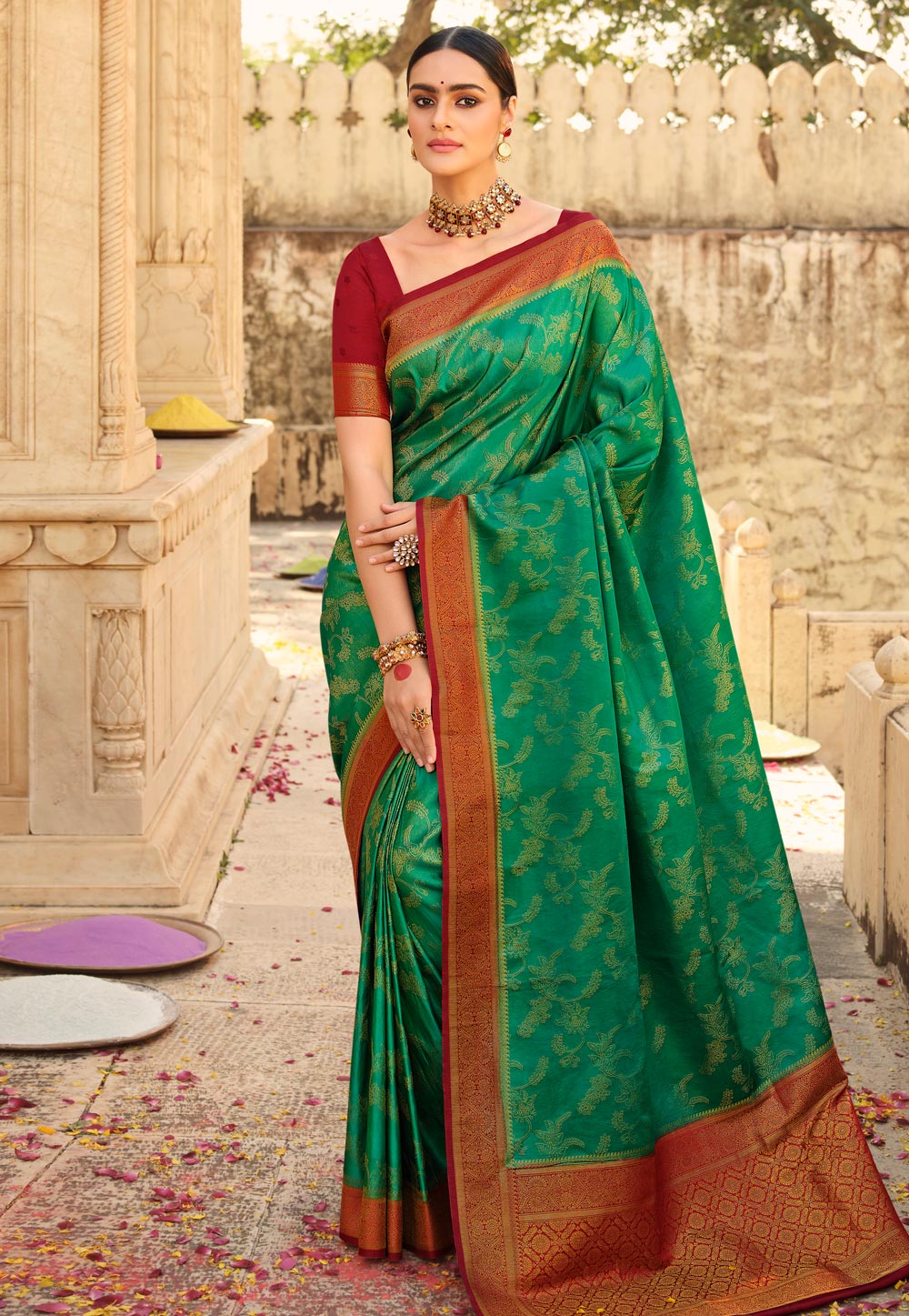 Dark Green With Red Border Silk Traditional Saree – paanericlothing