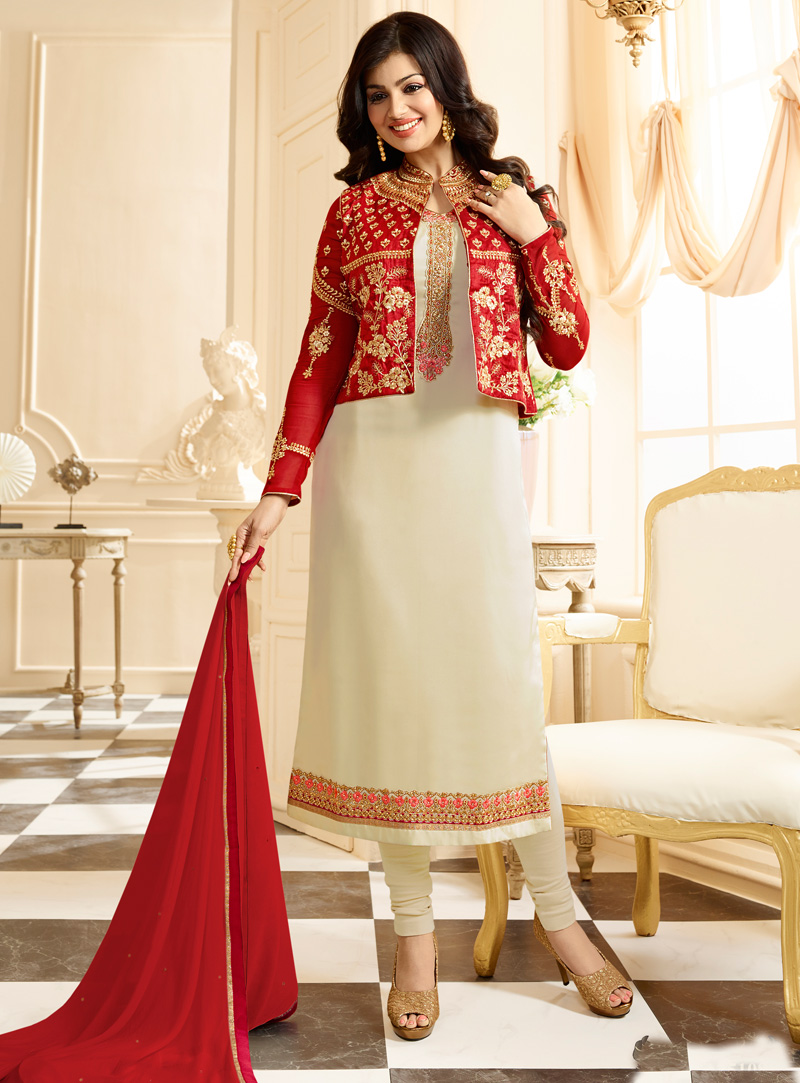 Ayesha Takia Off White Georgette Jacket Style Churidar Salwar Suit 106424