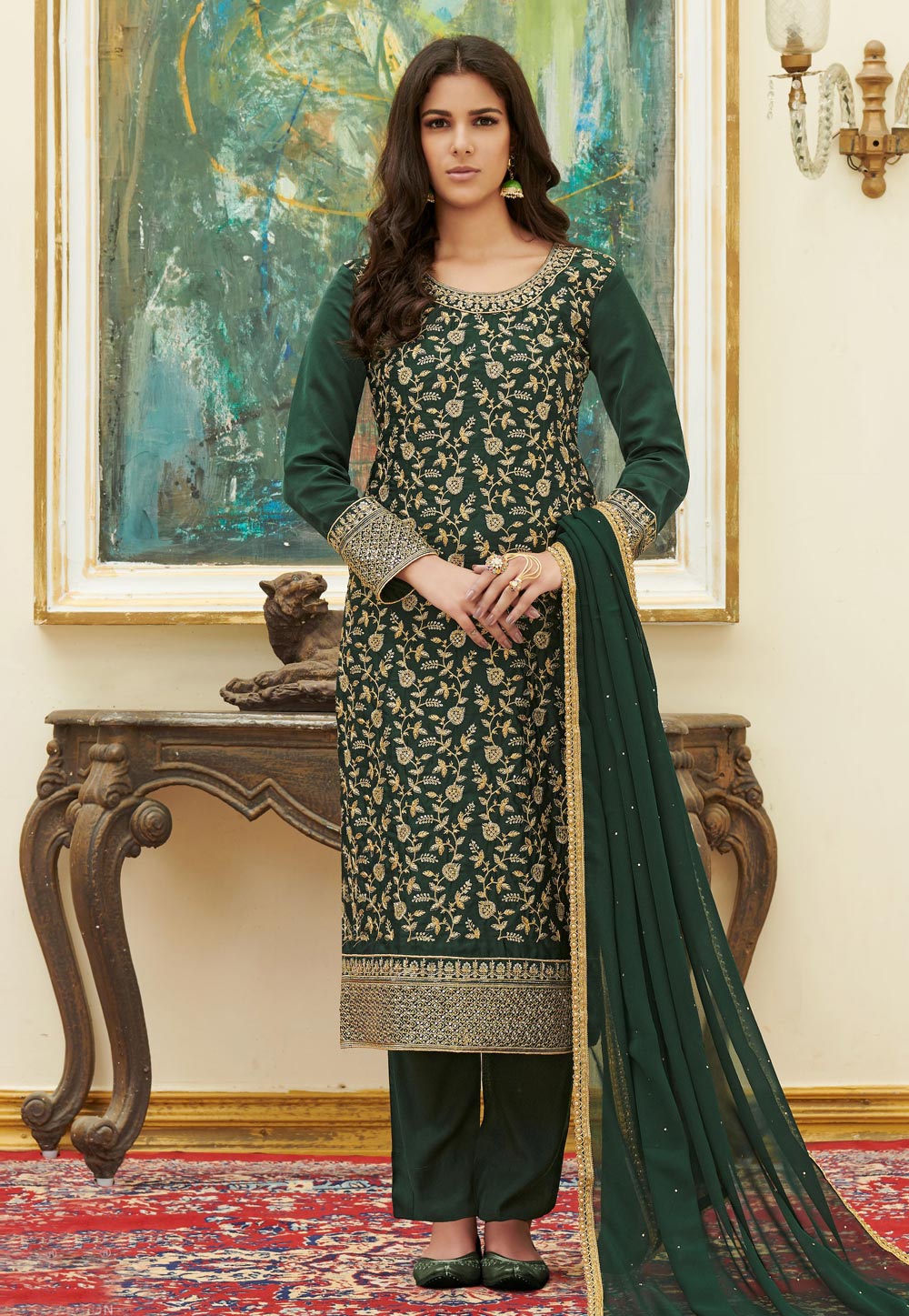 Green Satin Pant Style Suit 217928