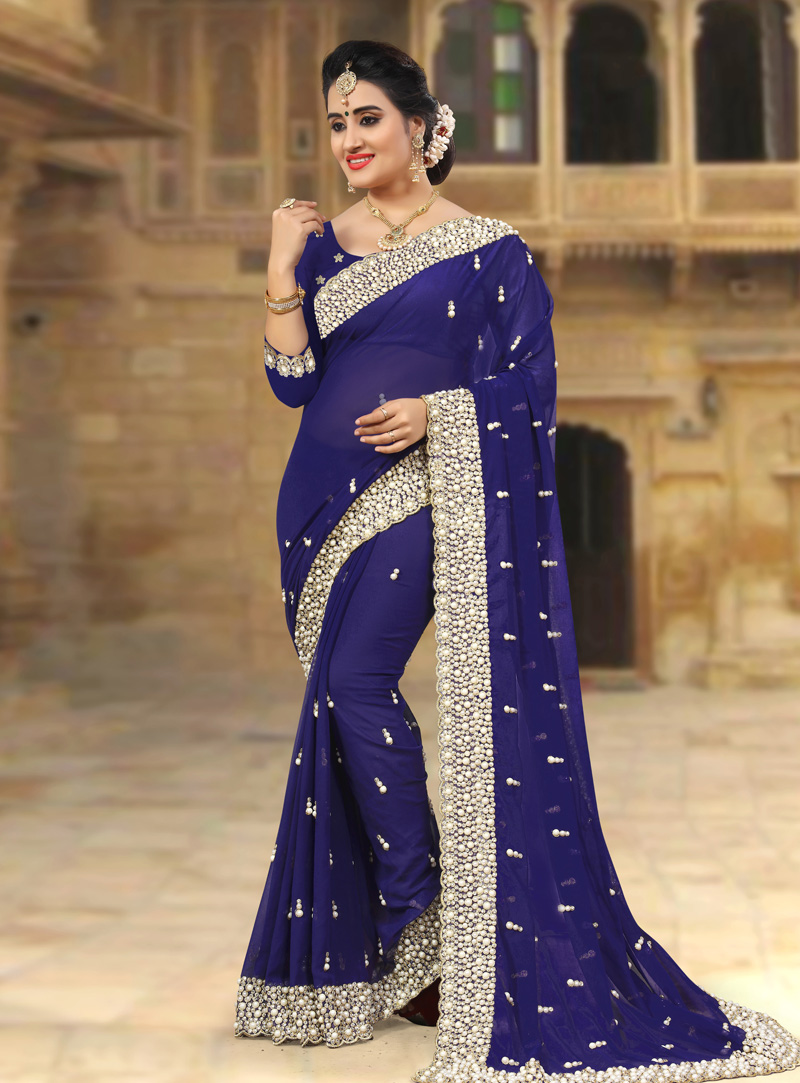 Navy Blue Georgette Saree With Blouse 143430