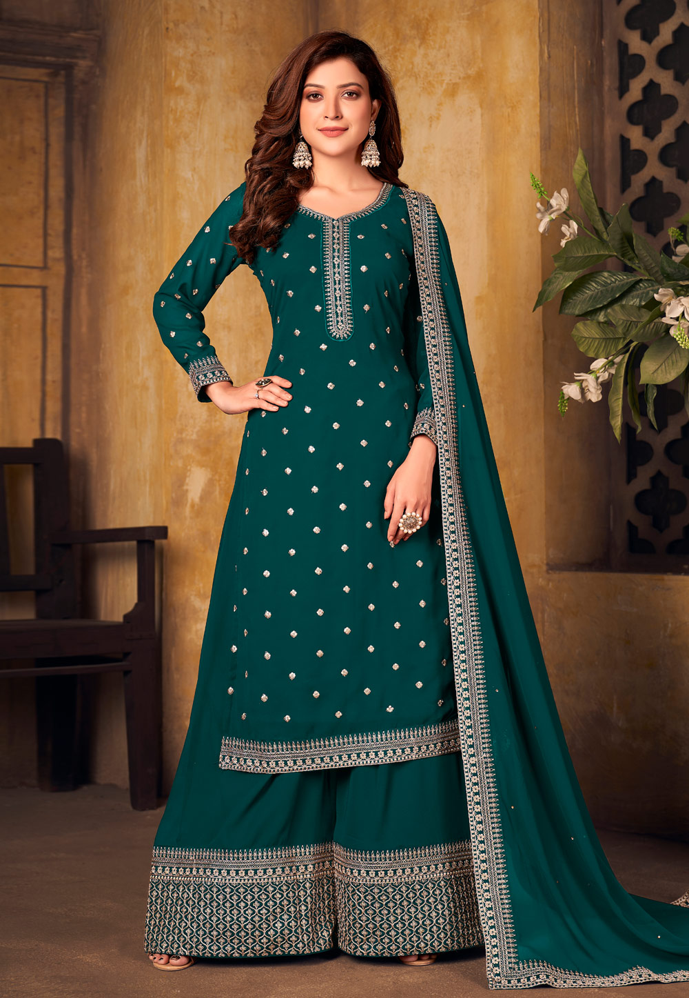 Green Faux Georgette Embroidered Palazzo Suit 244457