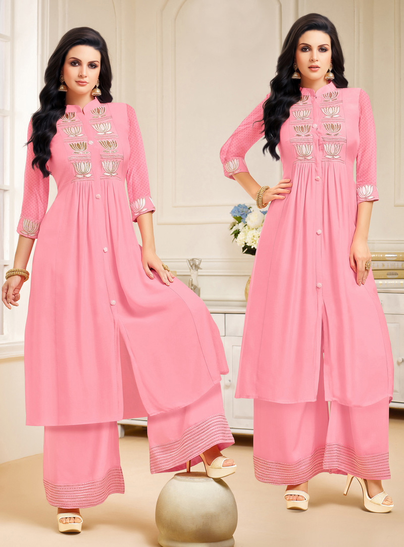 Pink Chanderi Silk Palazzo Style Suit 108457