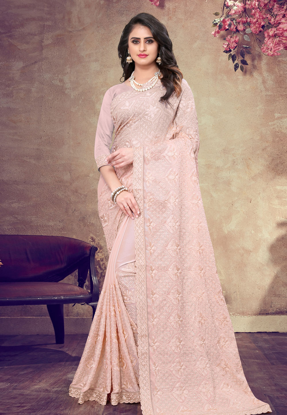 Light Pink Georgette Saree With Blouse 199146