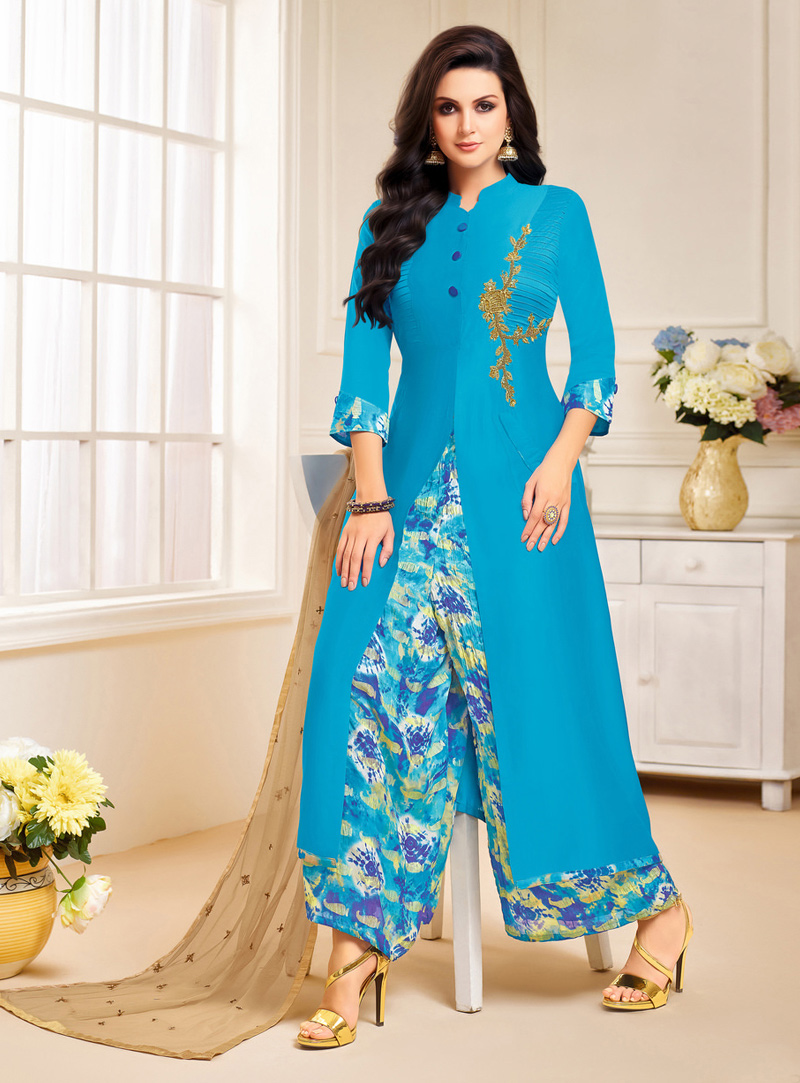 Blue Silk Palazzo Style Suit 108460
