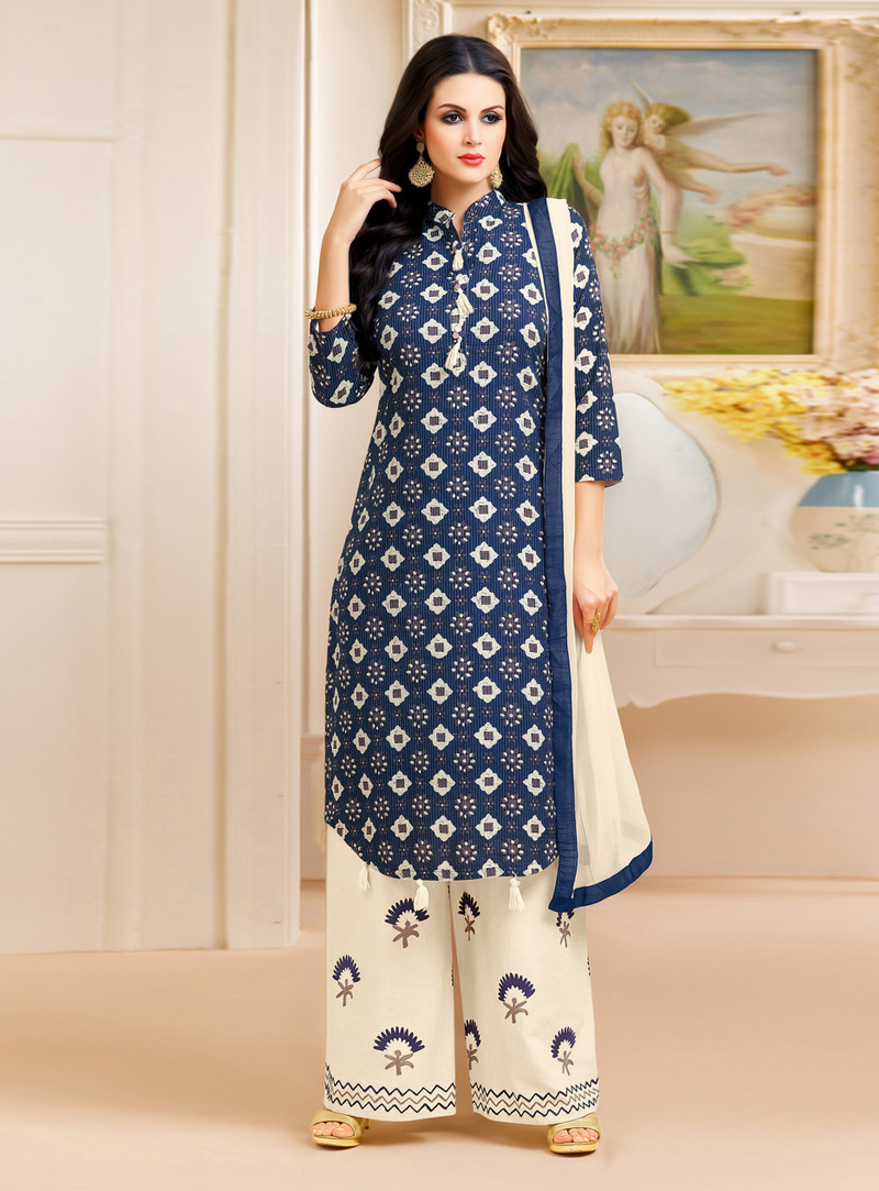 Navy Blue Cotton Palazzo Style Suit 108465