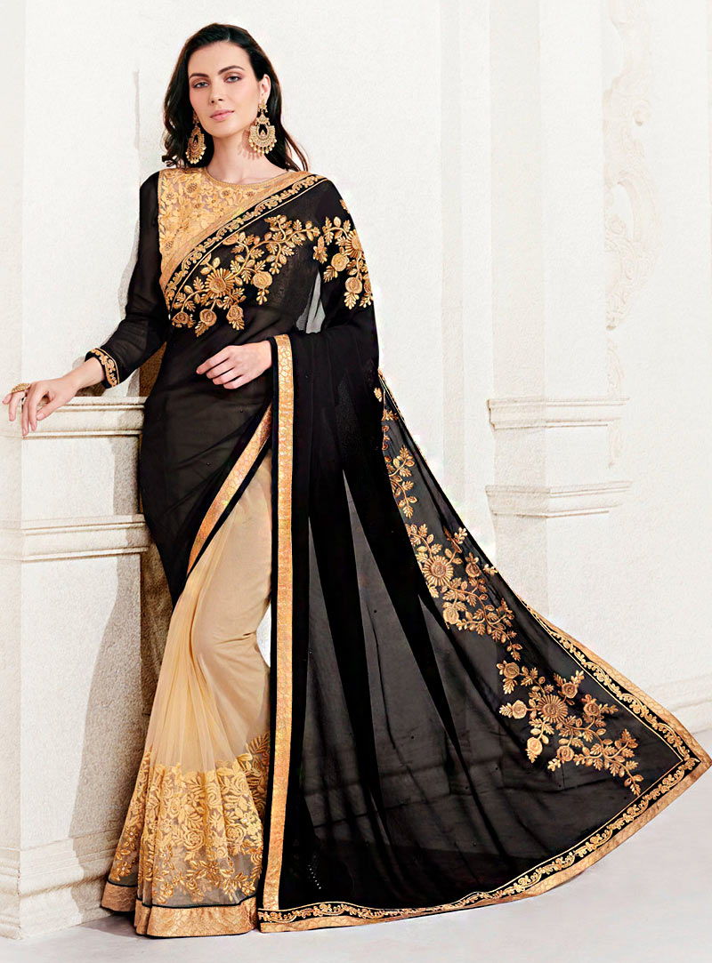 Black Georgette Half and Half Saree With Blouse 71696