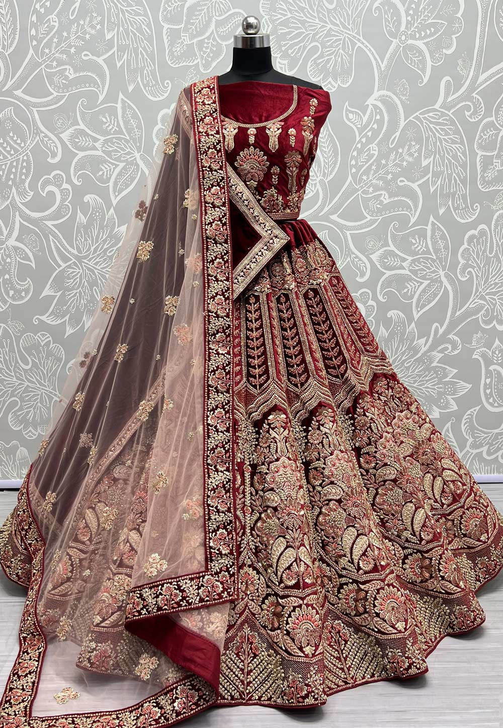 Maroon Velvet Bridal Lehenga Choli 272509