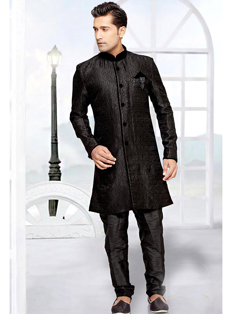 Black Jacquard Readymade Indo Western Suit 65453