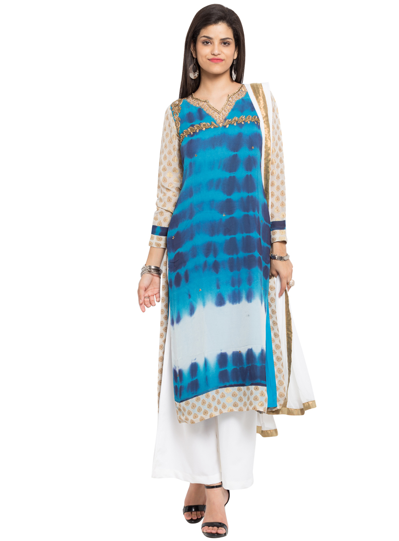 Blue Faux Georgette Readymade Palazzo Style Suit 108889