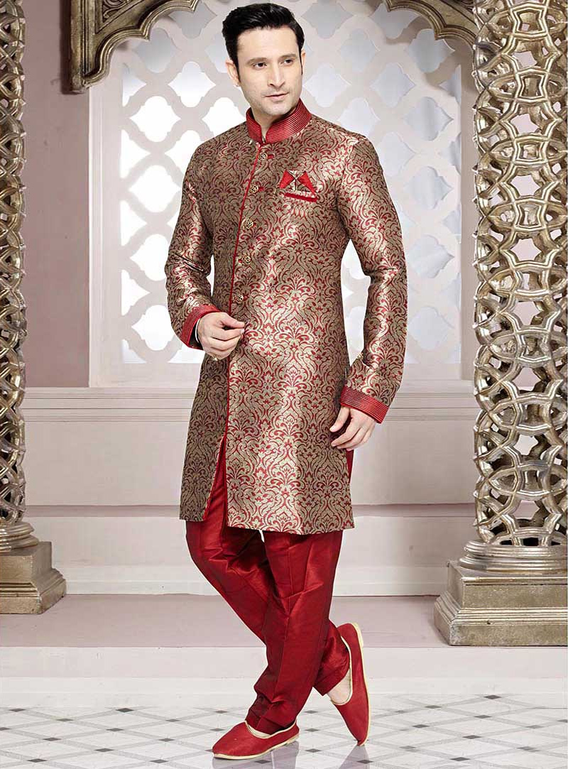 Red Brocade Readymade Indo Western Suit 65454