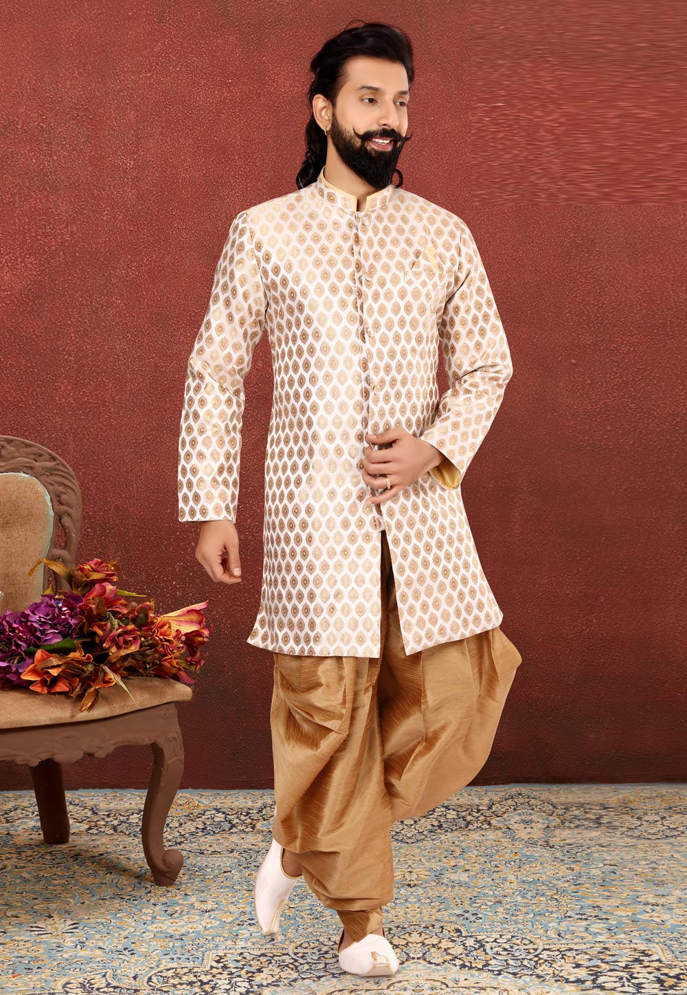 Off White Jacquard Silk Indo Western Suit 238837