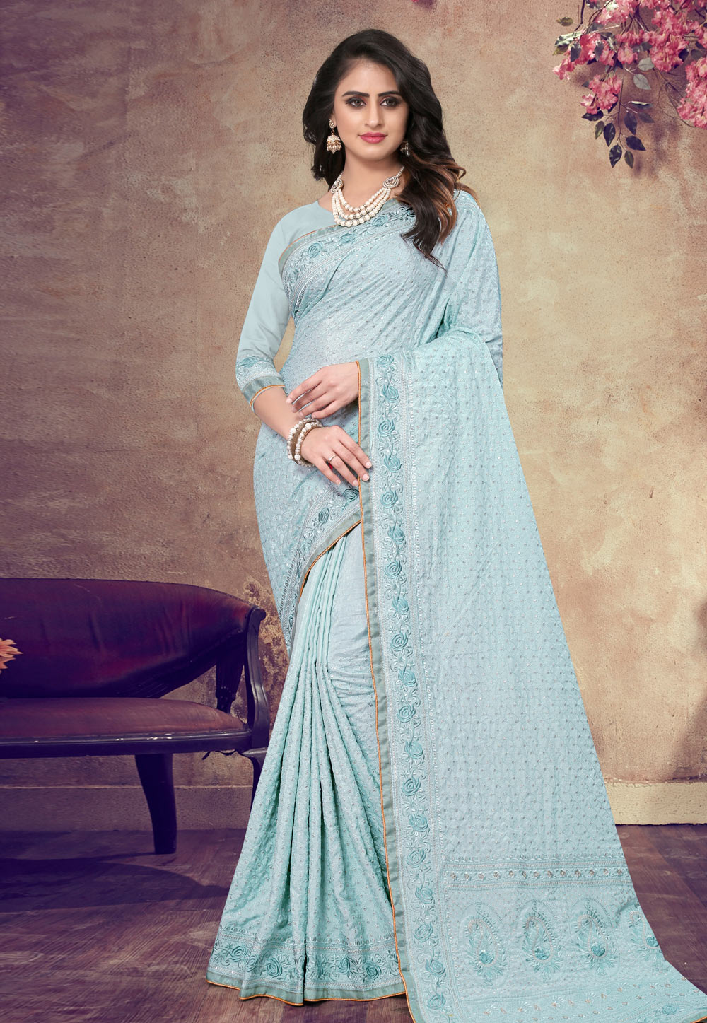 Sky Blue Georgette Saree With Blouse 199152